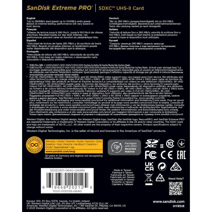 KARTA SANDISK EXTREME PRO SDXC 64GB - 280/100 MB/s V60 UHS-II