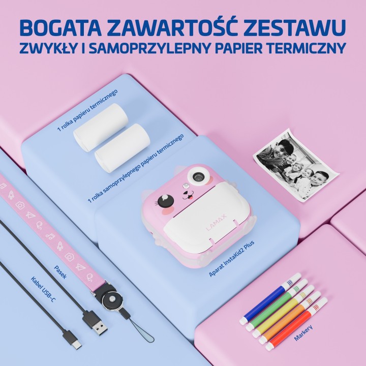 Bogata zawartość zestawu LAMAX InstaKid2 Plus Pink