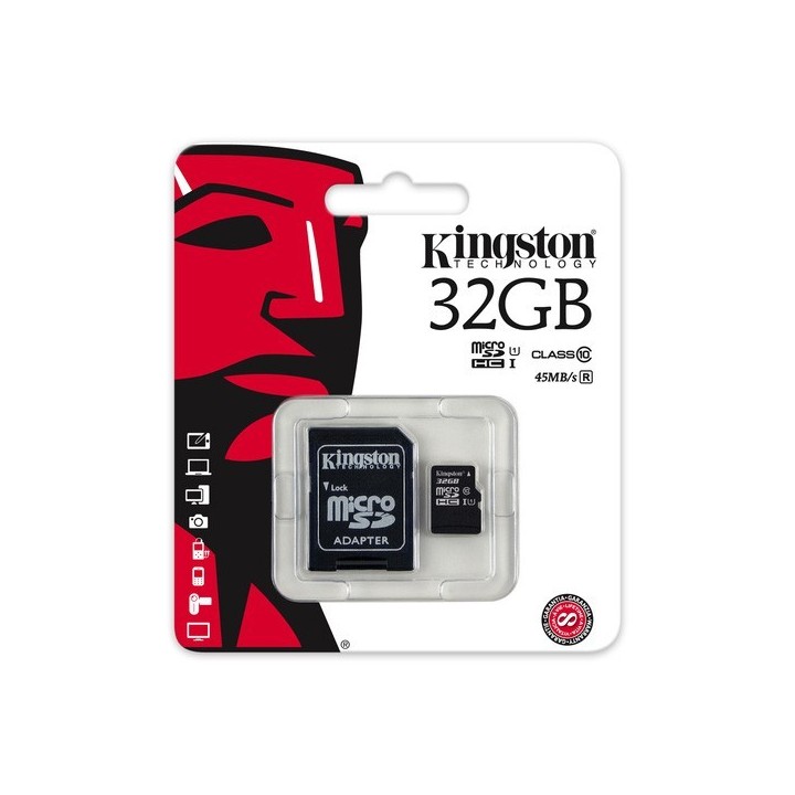 Karta pamięci Kingston MicroSDHC 32GB UHS-I U1 (45MB/s) + adapter (SDC10G2/32GB)