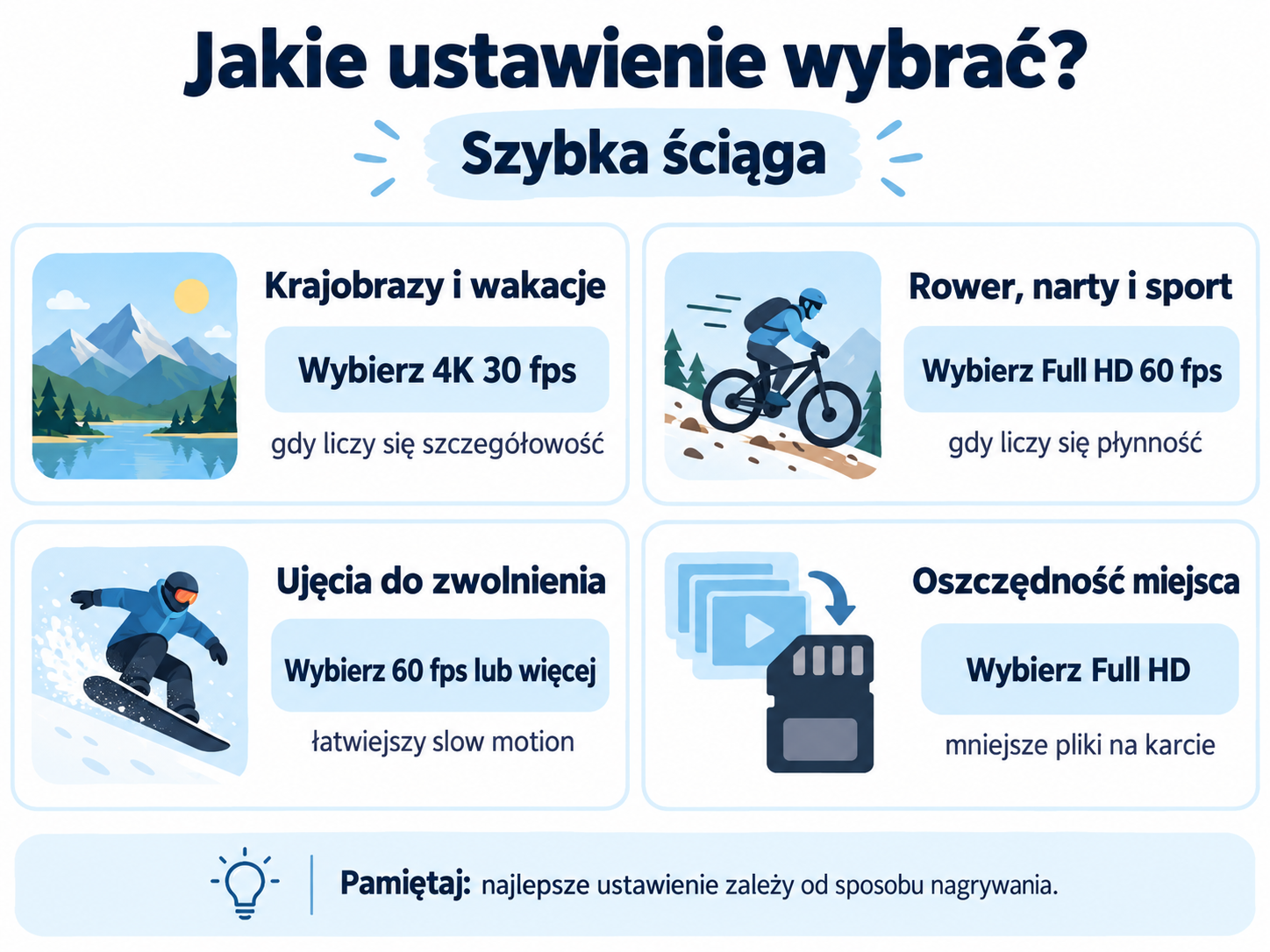 Jakie ustawienie kamery sportowej wybrać do roweru nart i wakacji