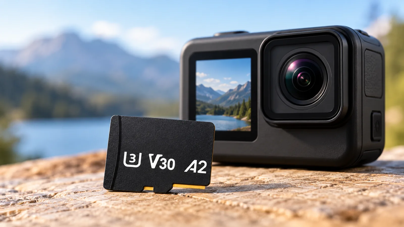 Karta microSD U3 V30 obok kamery sportowej 4K